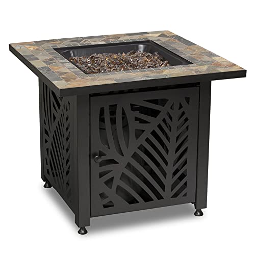 Endless Summer 30 Inch Square 50,000 BTU LP Gas Outdoor Fire Pit Table with Slate Tile Mantel, Cut Out Design, Fire Glass, and Cover, Brown Multi