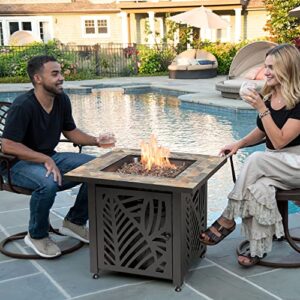 Endless Summer 30 Inch Square 50,000 BTU LP Gas Outdoor Fire Pit Table with Slate Tile Mantel, Cut Out Design, Fire Glass, and Cover, Brown Multi