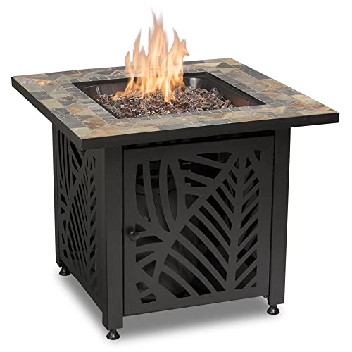 Endless Summer 30 Inch Square 50,000 BTU LP Gas Outdoor Fire Pit Table with Slate Tile Mantel, Cut Out Design, Fire Glass, and Cover, Brown Multi
