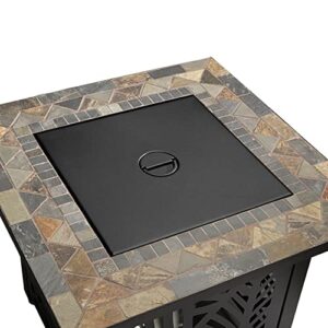 Endless Summer 30 Inch Square 50,000 BTU LP Gas Outdoor Fire Pit Table with Slate Tile Mantel, Cut Out Design, Fire Glass, and Cover, Brown Multi