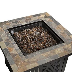 Endless Summer 30 Inch Square 50,000 BTU LP Gas Outdoor Fire Pit Table with Slate Tile Mantel, Cut Out Design, Fire Glass, and Cover, Brown Multi