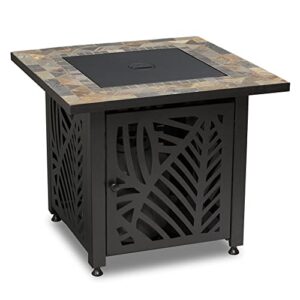 Endless Summer 30 Inch Square 50,000 BTU LP Gas Outdoor Fire Pit Table with Slate Tile Mantel, Cut Out Design, Fire Glass, and Cover, Brown Multi