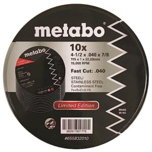 Metabo - Application: Steel/Stainless Steel - Slicer Wheel Promo Tin, 4.5"X.040x7/8 A60T, Pk 10 (655832010), Type 1 "Slicer" Wheels