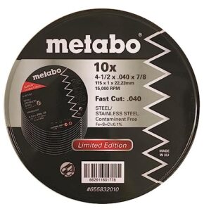 metabo - application: steel/stainless steel - slicer wheel promo tin, 4.5"x.040x7/8 a60t, pk 10 (655832010), type 1 "slicer" wheels