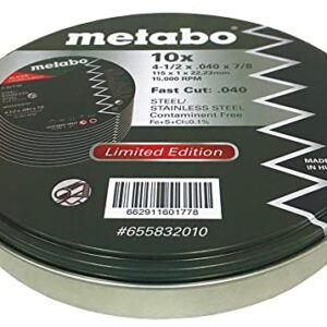 Metabo - Application: Steel/Stainless Steel - Slicer Wheel Promo Tin, 4.5"X.040x7/8 A60T, Pk 10 (655832010), Type 1 "Slicer" Wheels