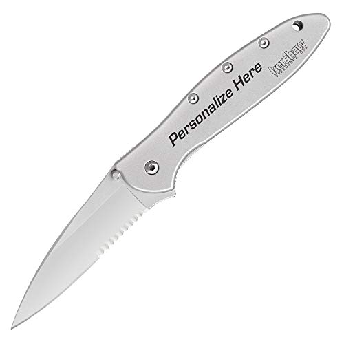 Kershaw Custom Laser Engraved Leek Knife 1660ST Silver Handle with Silver Serrated Blade Edge