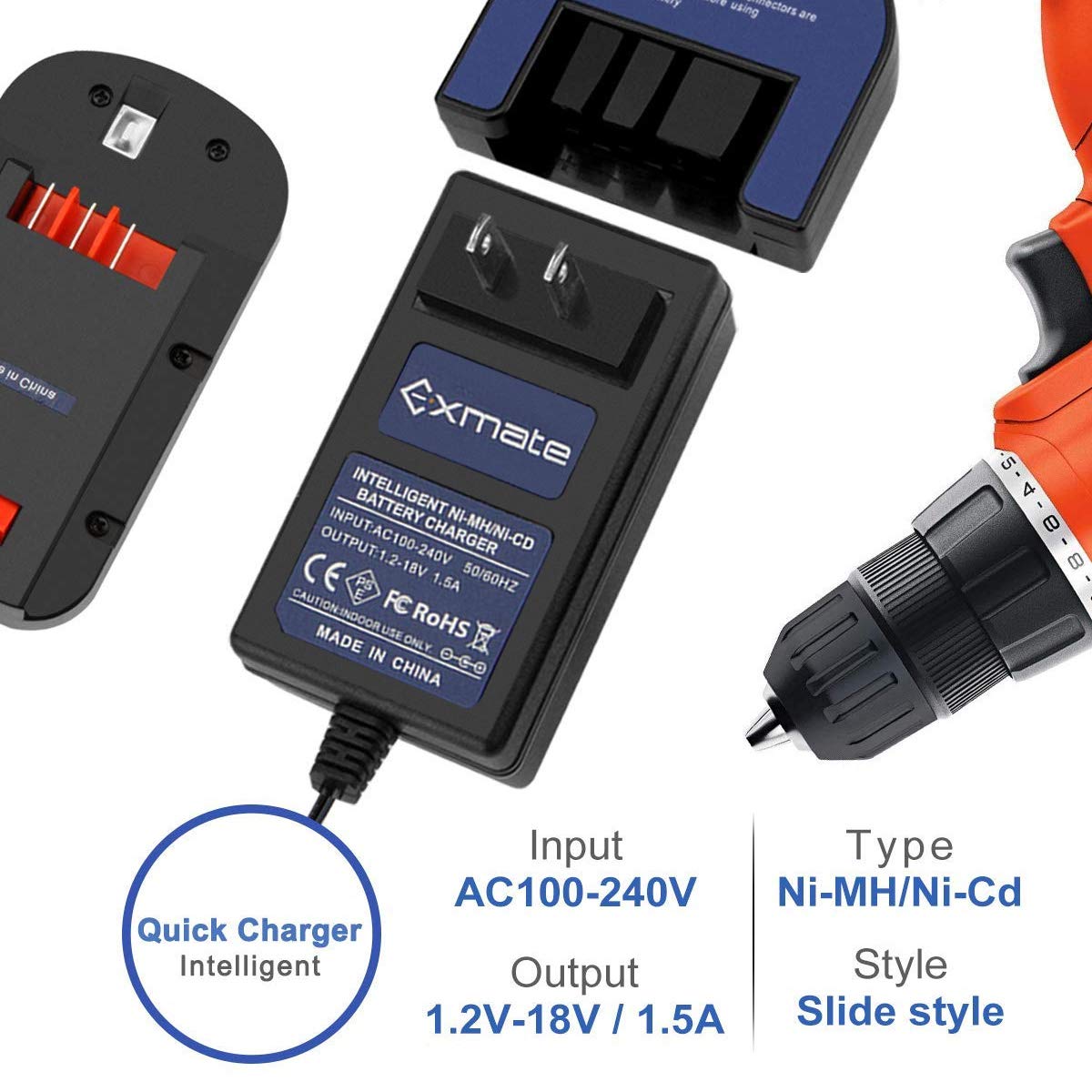 Exmate Multivolt 1.2V-18V Charger for Black and Decker 9.6V 12V 14.4V 18V Ni-MH Ni-Cd Slide-in Style Battery HPB12 HPB18 HPB14 HPB18-OPE FSB18 FSB14 FS12B HPB96 FSB96 (Not for Li-ion Battery)