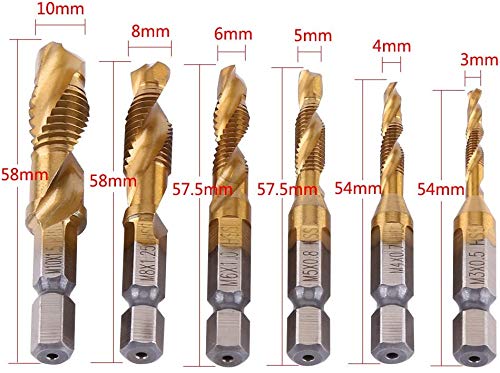 6Pcs M3 M4 M5 M6 M8 M10 Coated HSS Spiral Flute Metric Taps Set Metric Thread Tap Drill and Tap Bits 1/4" Hex Shank Screw Taps Tool Set