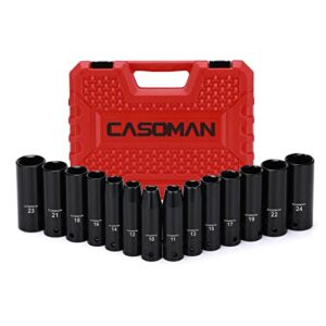 casoman 1/2-inch drive deep impact socket set, metric, cr-v, 6-point, 10 mm - 24 mm, 14-sockets set