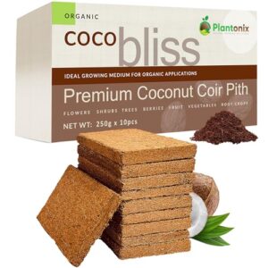 coco bliss - premium coconut coir pith with low ec and ph - 100% organic and omri listed potting soil substrate for plants, seeds, and gardens (250 grams, 10 blocks)