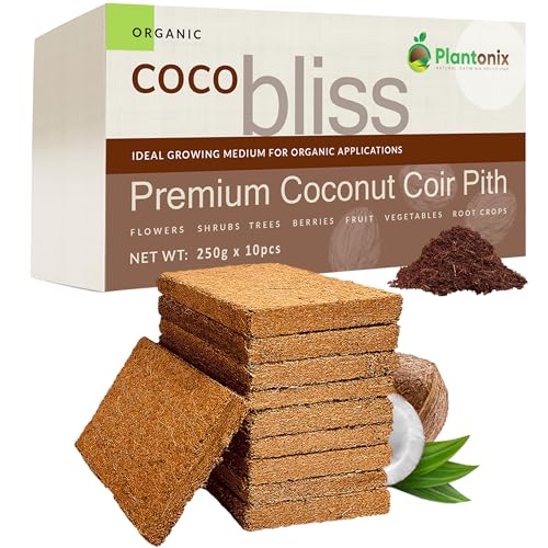 Coco Bliss - Premium Coconut Coir Pith with Low EC and pH - 100% Organic and OMRI Listed Potting Soil Substrate for Plants, Seeds, and Gardens (250 Grams, 10 Blocks)