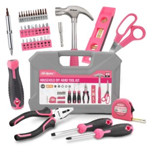 hi-spec 42pc pink household diy tool set for women. home, office and college dorm small tool kit of starter basic ladies tools