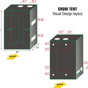 Hongruilite 36''x24''x53'' 2-in-1 Grow Tent Room w/Waterproof Floor Tray + Grow Light Hangers + Digital Hygrometer + 60mm Bonsai Shears + 24 Hour Timer + Trellis Netting Indoor Plant Grow Tent Kit