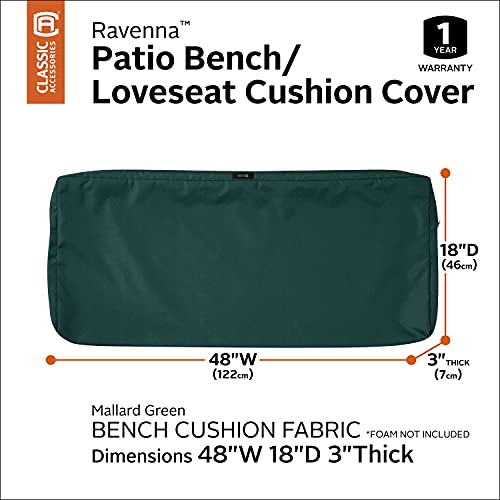 Classic Accessories Ravenna Water-Resistant 48 x 18 x 3 Inch Outdoor Bench/Settee Cushion Slip Cover, Patio Furniture Swing Cushion Cover, Mallard Green, Patio Furniture Cushion Covers