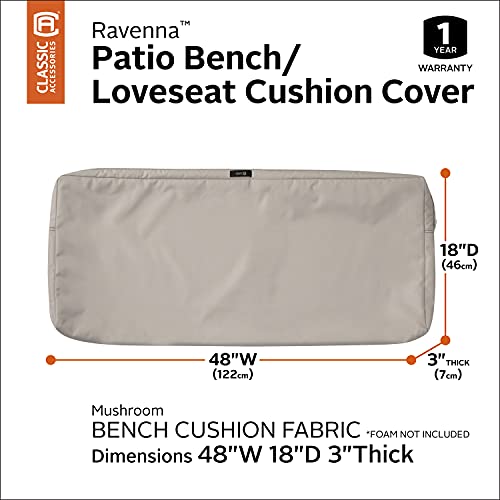 Classic Accessories Ravenna Water-Resistant 48 x 18 x 3 Inch Outdoor Bench/Settee Cushion Slip Cover, Patio Furniture Swing Cushion Cover, Mushroom