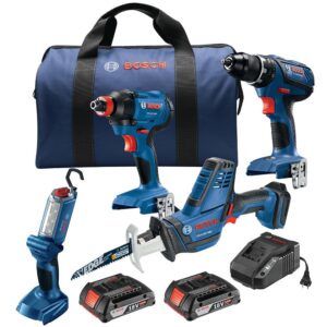 bosch gxl18v-496b22 18v 4-tool combo kit with compact tough 1/2 in. drill/driver, two-in-one 1/4 in. and 1/2 in. bit/socket impact driver, compact reciprocating saw, led worklight and 2 ah batteries