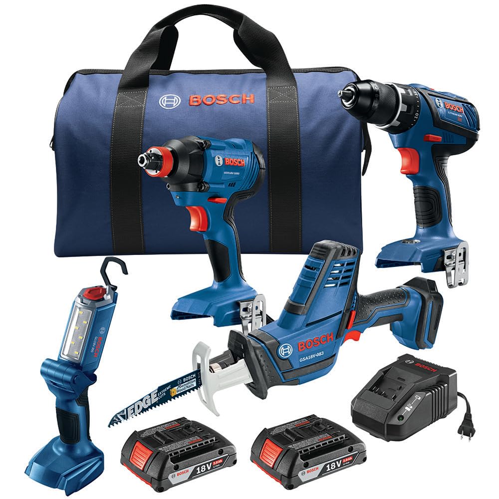 BOSCH GXL18V-496B22 18V 4-Tool Combo Kit with Compact Tough 1/2 In. Drill/Driver, Two-In-One 1/4 In. and 1/2 In. Bit/Socket Impact Driver, Compact Reciprocating Saw, LED Worklight and 2 Ah Batteries