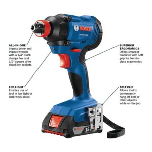 BOSCH GXL18V-496B22 18V 4-Tool Combo Kit with Compact Tough 1/2 In. Drill/Driver, Two-In-One 1/4 In. and 1/2 In. Bit/Socket Impact Driver, Compact Reciprocating Saw, LED Worklight and 2 Ah Batteries