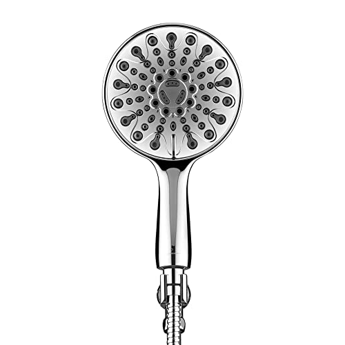 Couradric Handheld Shower Head, 6" Chrome Face 6 Spray Setting Shower Head with High Pressure, Brass Swivel Ball Mount and Extra Long Flexible Stainless Steel Hose