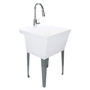 js jackson supplies white utility sink laundry tub with high arc chrome faucet, pull down sprayer spout, heavy duty slop sinks for basement, garage, or shop, free standing wash station