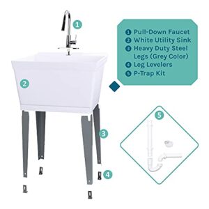 JS Jackson Supplies White Utility Sink Laundry Tub with High Arc Chrome Faucet, Pull Down Sprayer Spout, Heavy Duty Slop Sinks for Basement, Garage, or Shop, Free Standing Wash Station