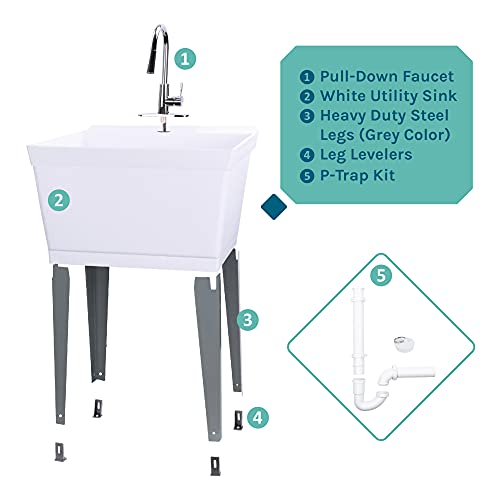 JS Jackson Supplies White Utility Sink Laundry Tub with High Arc Chrome Faucet, Pull Down Sprayer Spout, Heavy Duty Slop Sinks for Basement, Garage, or Shop, Free Standing Wash Station