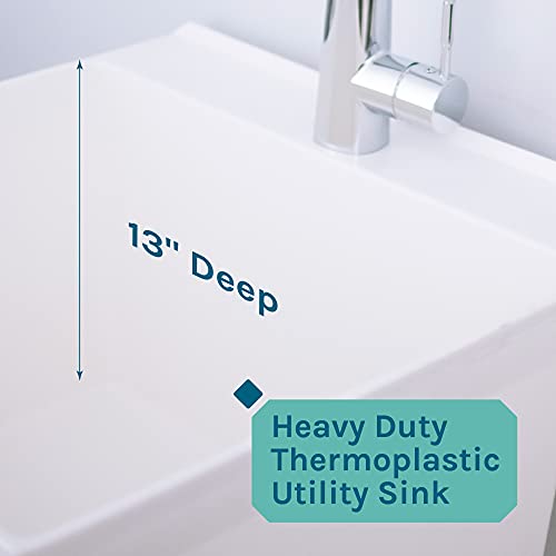 JS Jackson Supplies White Utility Sink Laundry Tub with High Arc Chrome Faucet, Pull Down Sprayer Spout, Heavy Duty Slop Sinks for Basement, Garage, or Shop, Free Standing Wash Station