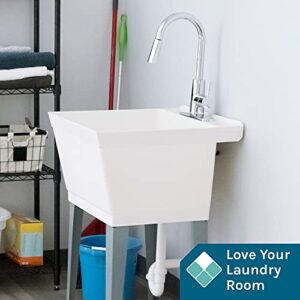 JS Jackson Supplies White Utility Sink Laundry Tub with High Arc Chrome Faucet, Pull Down Sprayer Spout, Heavy Duty Slop Sinks for Basement, Garage, or Shop, Free Standing Wash Station