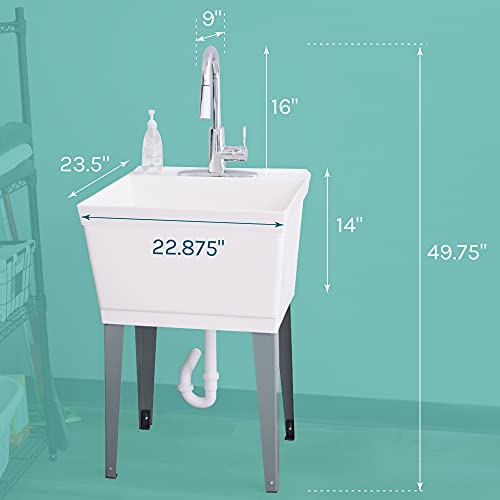 JS Jackson Supplies White Utility Sink Laundry Tub with High Arc Chrome Faucet, Pull Down Sprayer Spout, Heavy Duty Slop Sinks for Basement, Garage, or Shop, Free Standing Wash Station