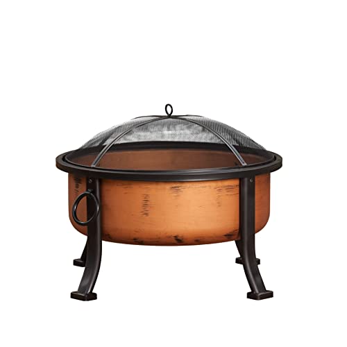 Fire Sense 62342 Lumina Round Wood Burning Fire Pit Copper Finish Steel Fire Bowl Mesh Spark Screen & Screen Lift Tool Included Lightweight Portable Patio & Outdoor Heater - Round - 24" Diameter