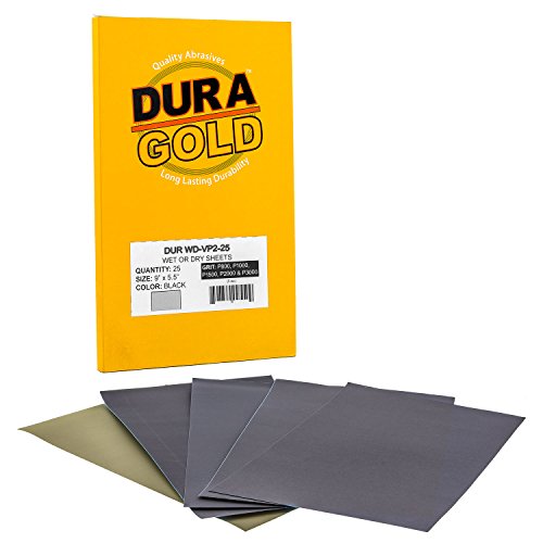 Dura-Gold Premium 3-2/3" x 9" Wet or Dry Sandpaper, Grits 800, 1000, 1500, 2000, 3000 (5 Ea) - Automotive Car Color Sanding Polishing, Woodworking Wood Furniture Metal Finishing Hand Sand Block Sander