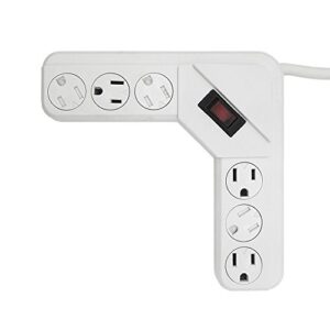 uninex ps112 space saving corner power strip with locking/rotating safety covers, 14/3 awg, grounded 6-outlet, ul listed, white, 4-foot