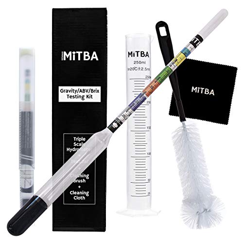 Hydrometer & Testing Jar Kit by MiTBA Test the ABV, Brix & Gravity of your Wine, Beer, Mead & Kombucha accurately! Triple Scale Hydrometer + 250ml Plastic Graduated Cylinder + cleaning brush & cloth