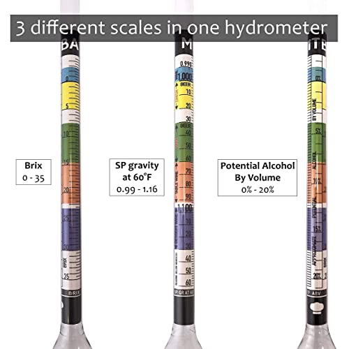 Hydrometer & Testing Jar Kit by MiTBA Test the ABV, Brix & Gravity of your Wine, Beer, Mead & Kombucha accurately! Triple Scale Hydrometer + 250ml Plastic Graduated Cylinder + cleaning brush & cloth