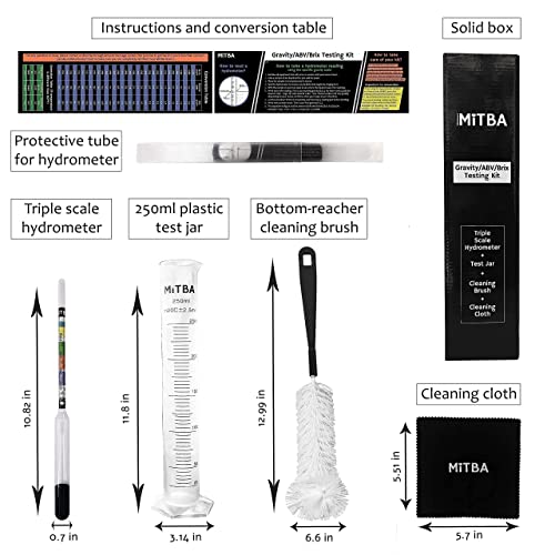 Hydrometer & Testing Jar Kit by MiTBA Test the ABV, Brix & Gravity of your Wine, Beer, Mead & Kombucha accurately! Triple Scale Hydrometer + 250ml Plastic Graduated Cylinder + cleaning brush & cloth