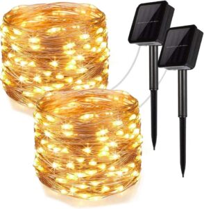 upook solar string lights, 100led copper wire solar fairy lights 33ft 8 modes waterproof outdoor string lights for christmas party wedding decoration patio garden yard 2 pack (warm white 100led)