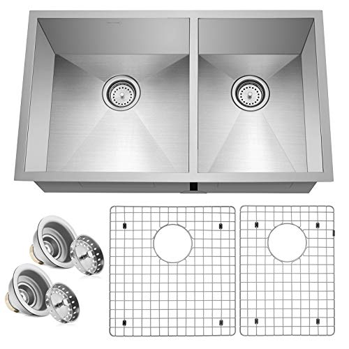 Miligoré 32" x 19" x 10" Deep Double Bowl (60/40 Split) Undermount Zero Radius 16-Gauge Stainless Steel Kitchen Sink - Includes Drains/Grids