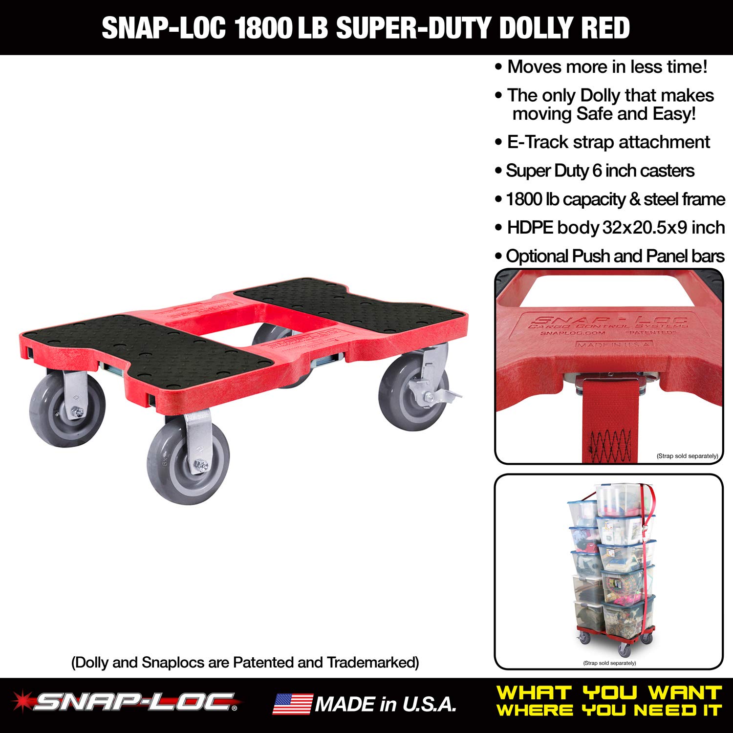 SNAP-LOC 1800 LB Super-Duty Dolly RED (USA!) with Steel Frame, 6 inch Casters and Optional E-Strap Attachment