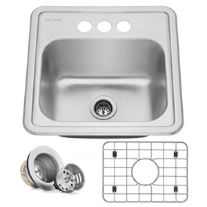 miligoré 15" x 15" single bowl top-mount drop-in 22-gauge stainless steel bar/prep/utility sink - includes drain/grid