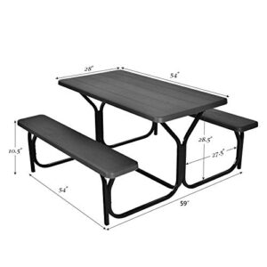 Giantex Picnic Bench Set Outdoor Camping All Weather Metal Base Wood-Like Texture Backyard Poolside Dining Party Garden Lawn Deck Large Picnic Tables for Adult (Black)