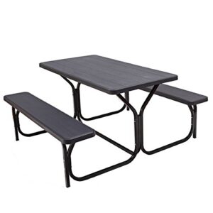 giantex picnic bench set outdoor camping all weather metal base wood-like texture backyard poolside dining party garden lawn deck large picnic tables for adult (black)