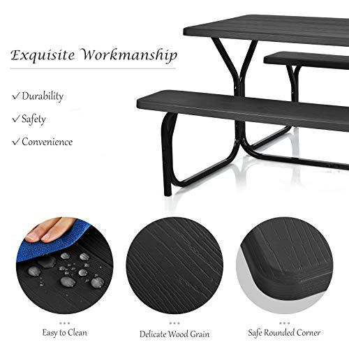Giantex Picnic Bench Set Outdoor Camping All Weather Metal Base Wood-Like Texture Backyard Poolside Dining Party Garden Lawn Deck Large Picnic Tables for Adult (Black)