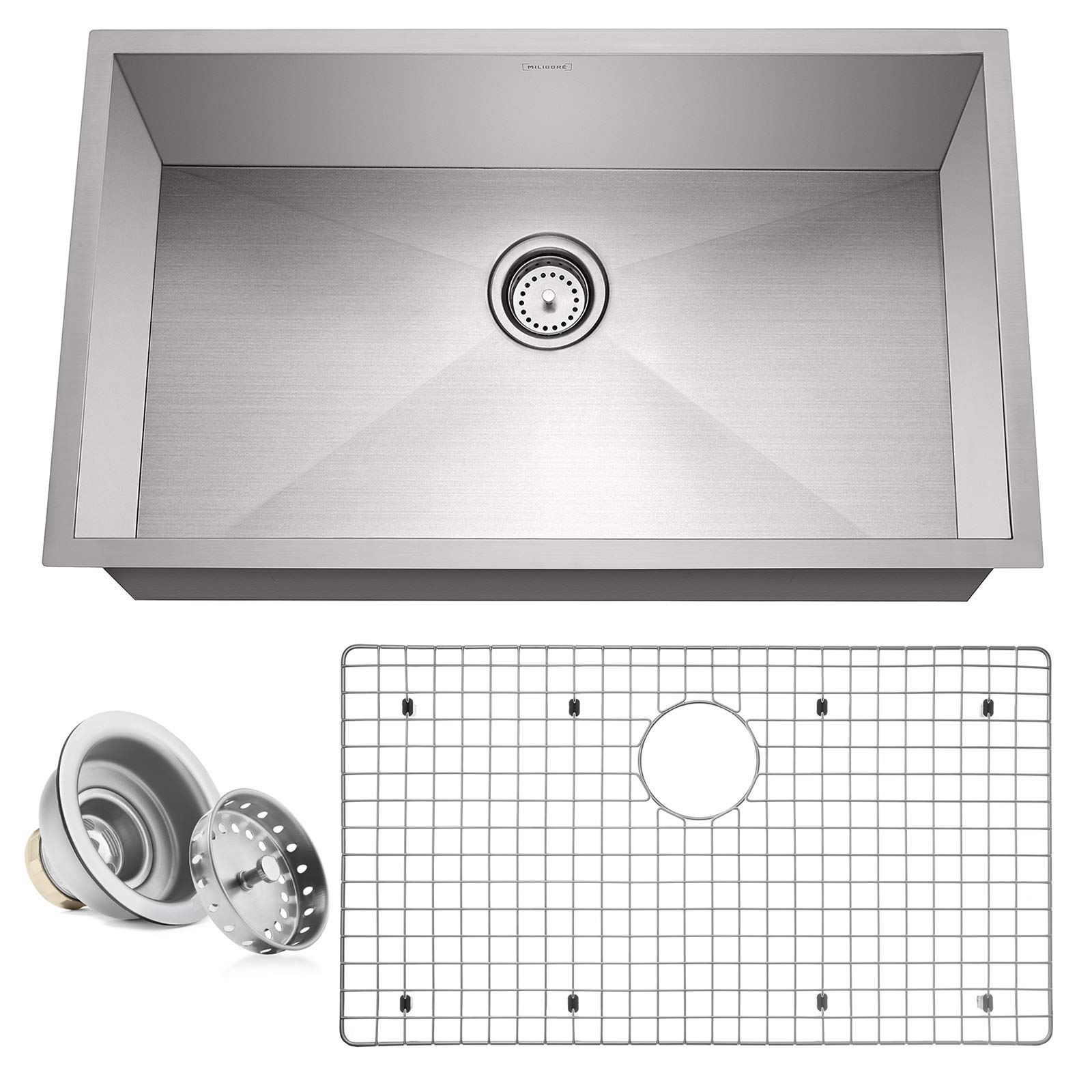 Miligoré 32" x 19" x 10" Deep Single Bowl Undermount Zero Radius 16-Gauge Stainless Steel Kitchen Sink - Includes Drain/Grid