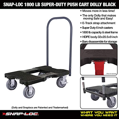 SNAP-LOC 1800 LB Super-Duty Push CART Dolly Black with Steel Frame, 6 inch Casters, Push Bar and Optional E-Strap Attachment