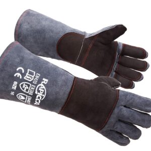 RAPICCA Animal Handling Gloves Bite Proof Double Leather Reinforced Padding Dog,Cat Scratch,Bird Handling Falcon Gloves Grabbing Reptile Squirrel Snake Bite 16in Grey-Black