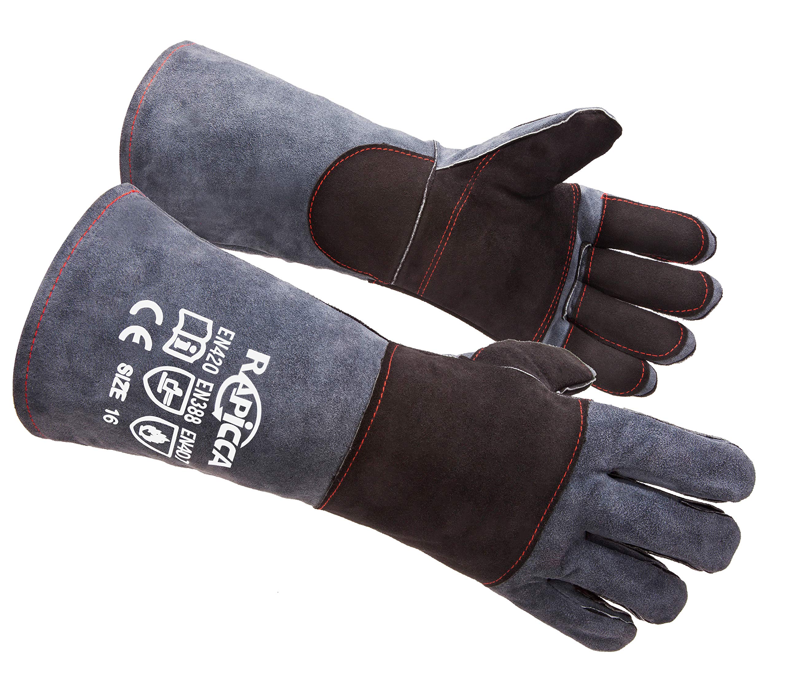 RAPICCA Animal Handling Gloves Bite Proof Double Leather Reinforced Padding Dog,Cat Scratch,Bird Handling Falcon Gloves Grabbing Reptile Squirrel Snake Bite 16in Grey-Black