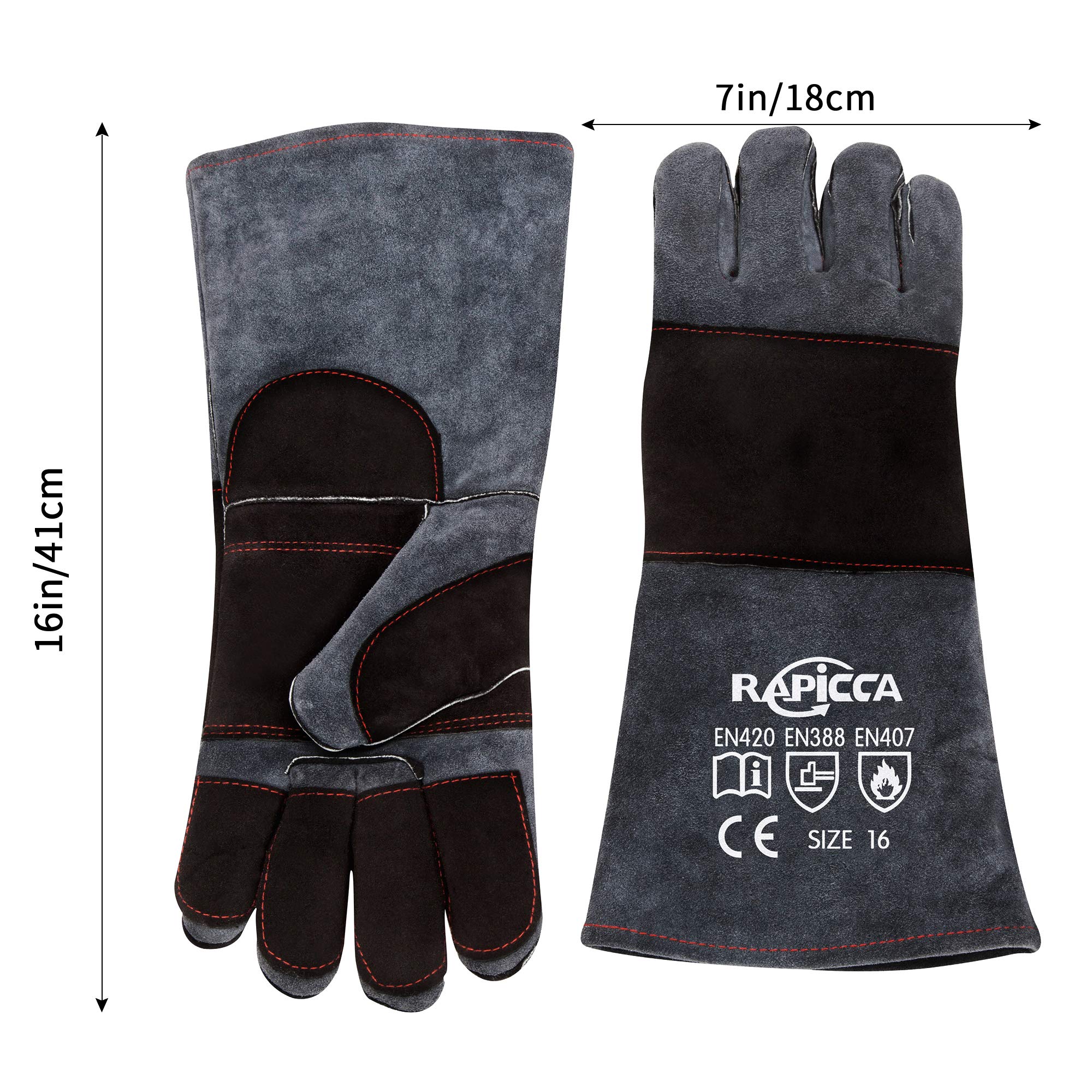 RAPICCA Animal Handling Gloves Bite Proof Double Leather Reinforced Padding Dog,Cat Scratch,Bird Handling Falcon Gloves Grabbing Reptile Squirrel Snake Bite 16in Grey-Black