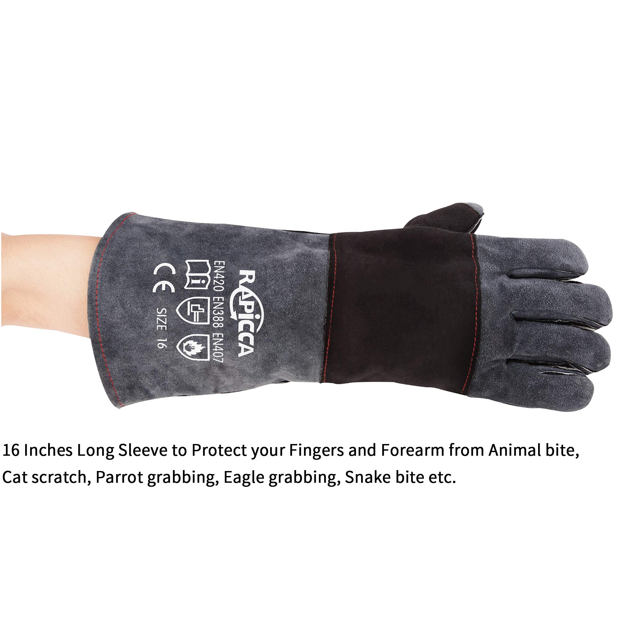 RAPICCA Animal Handling Gloves Bite Proof Double Leather Reinforced Padding Dog,Cat Scratch,Bird Handling Falcon Gloves Grabbing Reptile Squirrel Snake Bite 16in Grey-Black