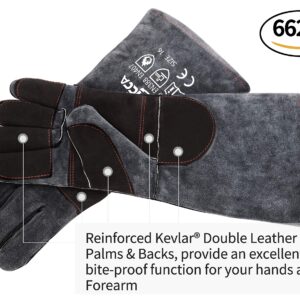 RAPICCA Animal Handling Gloves Bite Proof Double Leather Reinforced Padding Dog,Cat Scratch,Bird Handling Falcon Gloves Grabbing Reptile Squirrel Snake Bite 16in Grey-Black