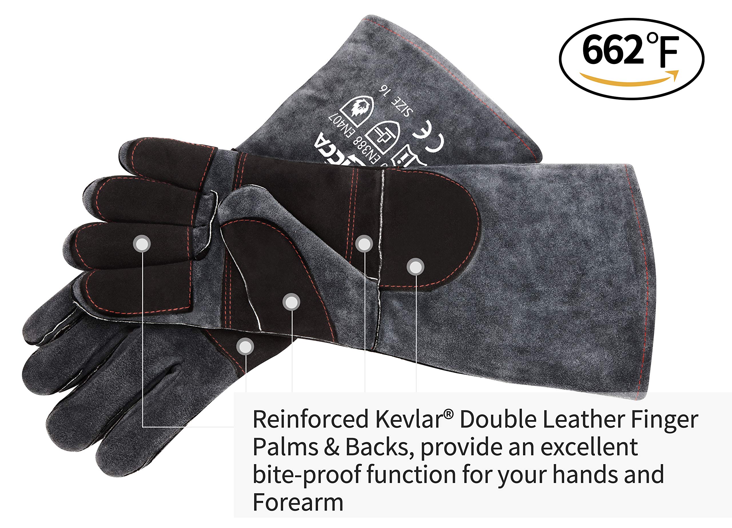 RAPICCA Animal Handling Gloves Bite Proof Double Leather Reinforced Padding Dog,Cat Scratch,Bird Handling Falcon Gloves Grabbing Reptile Squirrel Snake Bite 16in Grey-Black